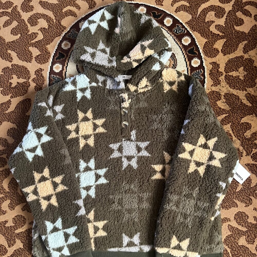 SONOMA Goods For Life Green Boho Aztec Print Henley Sherpa Hoodie